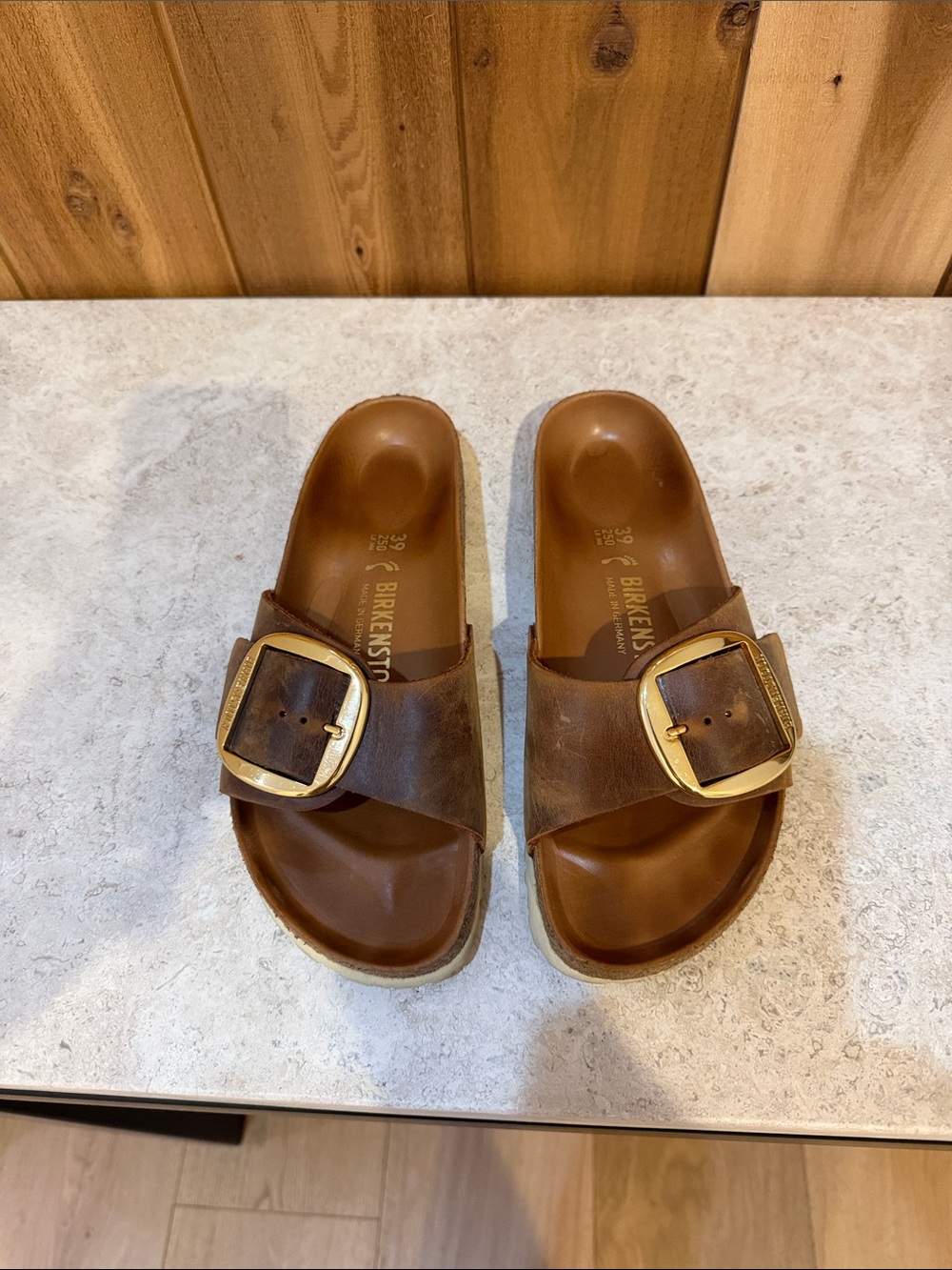 Birkenstock Brown Leather Slide Sandals with Gold Buckle